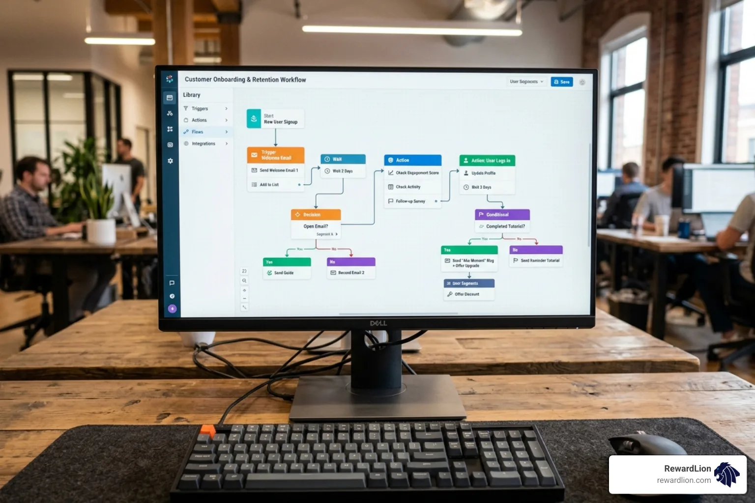Visual drag-and-drop automation builder showing a complex customer journey workflow - online marketing automation software