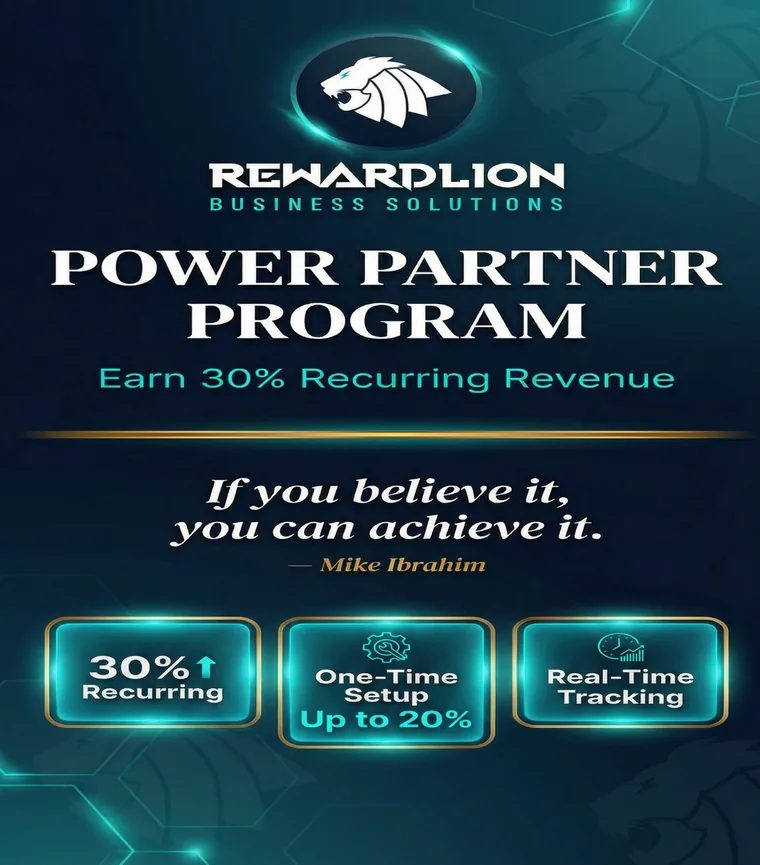 RewardLion Power Partner Program — earn 30% recurring revenue, one-time setup up to 20%, real-time tracking