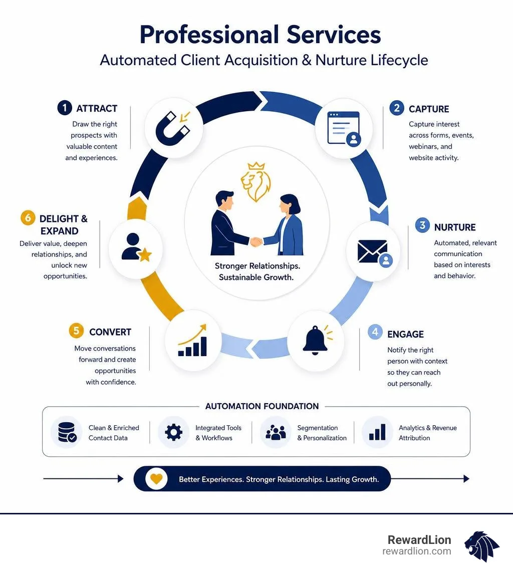Professional services automated client acquisition and nurture lifecycle infographic Professional services automated client acquisition and nurture lifecycle infographic