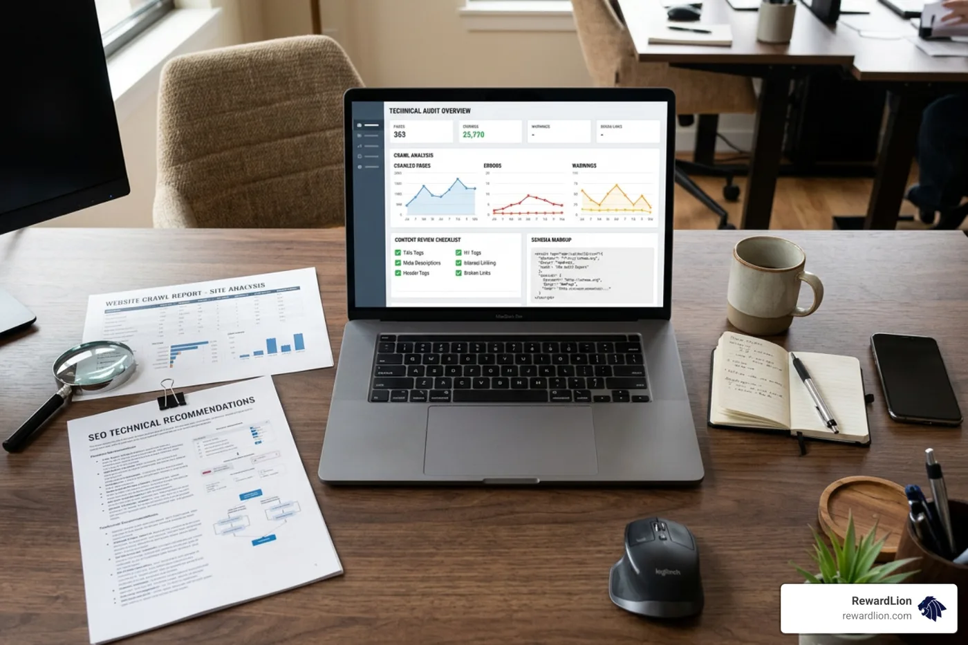 Technical SEO audit process showing crawl analysis content review and schema correction