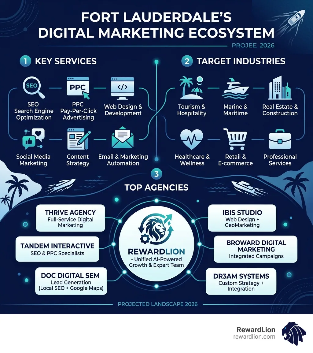 Infographic showing Fort Lauderdale digital marketing ecosystem with key services, industries, and top agencies - digital