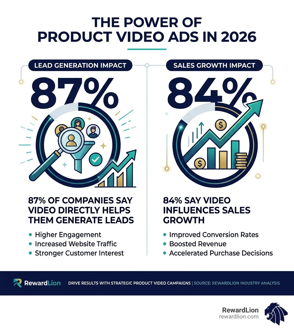 Infographic showing 87% lead generation and 84% sales growth impact of product video ads - product advertisement video