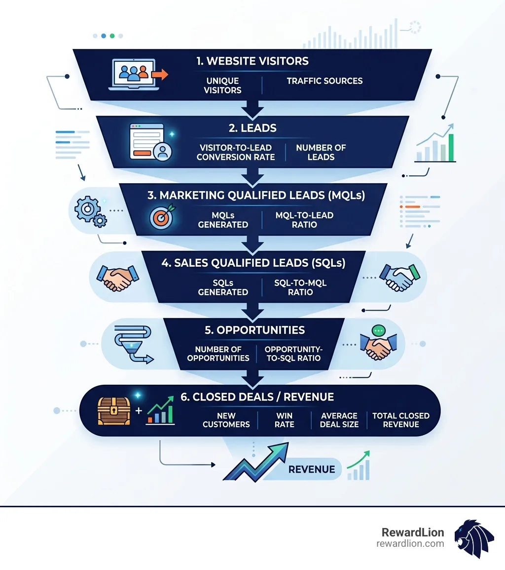 Lead generation funnel infographic from website visitor to closed revenue with key metrics at each stage - lead generation