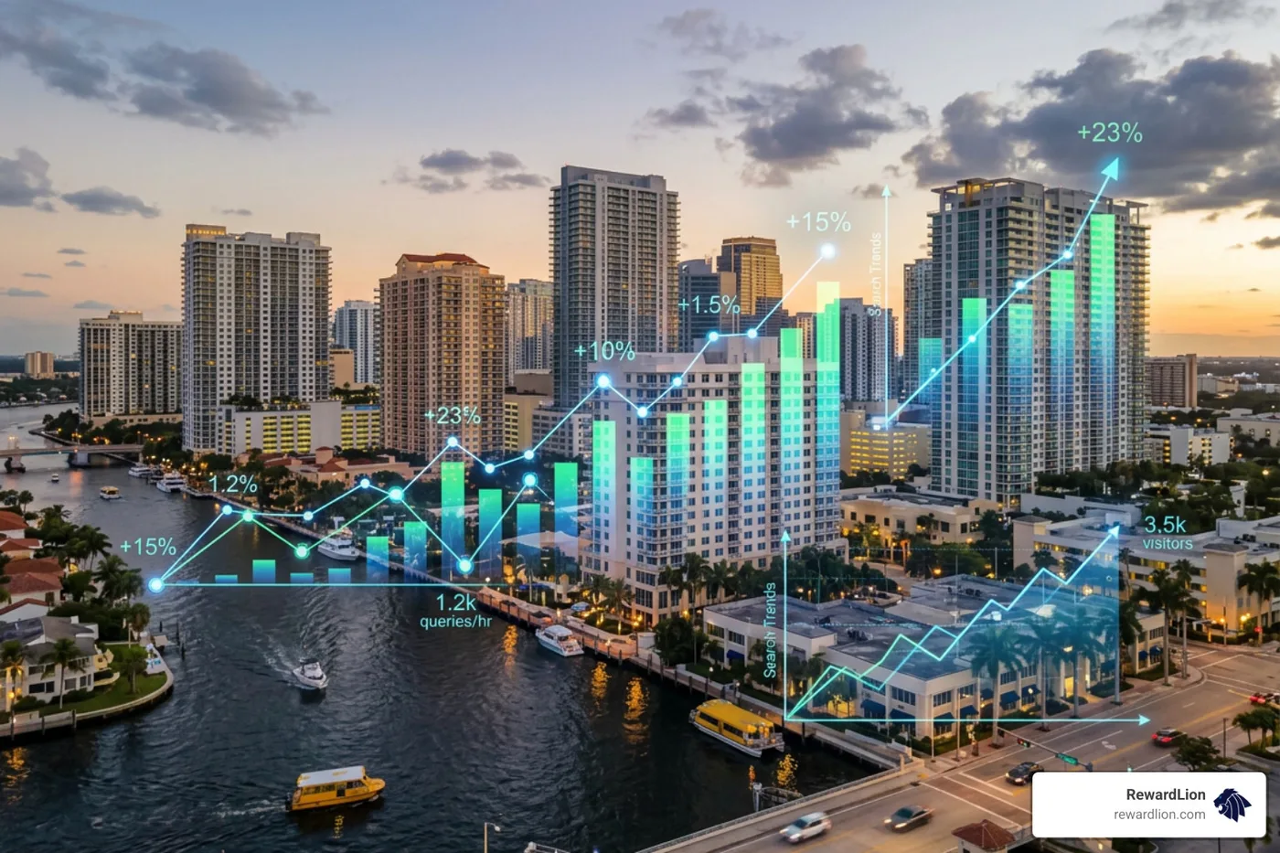 Fort Lauderdale skyline with digital growth overlays showing local search traffic