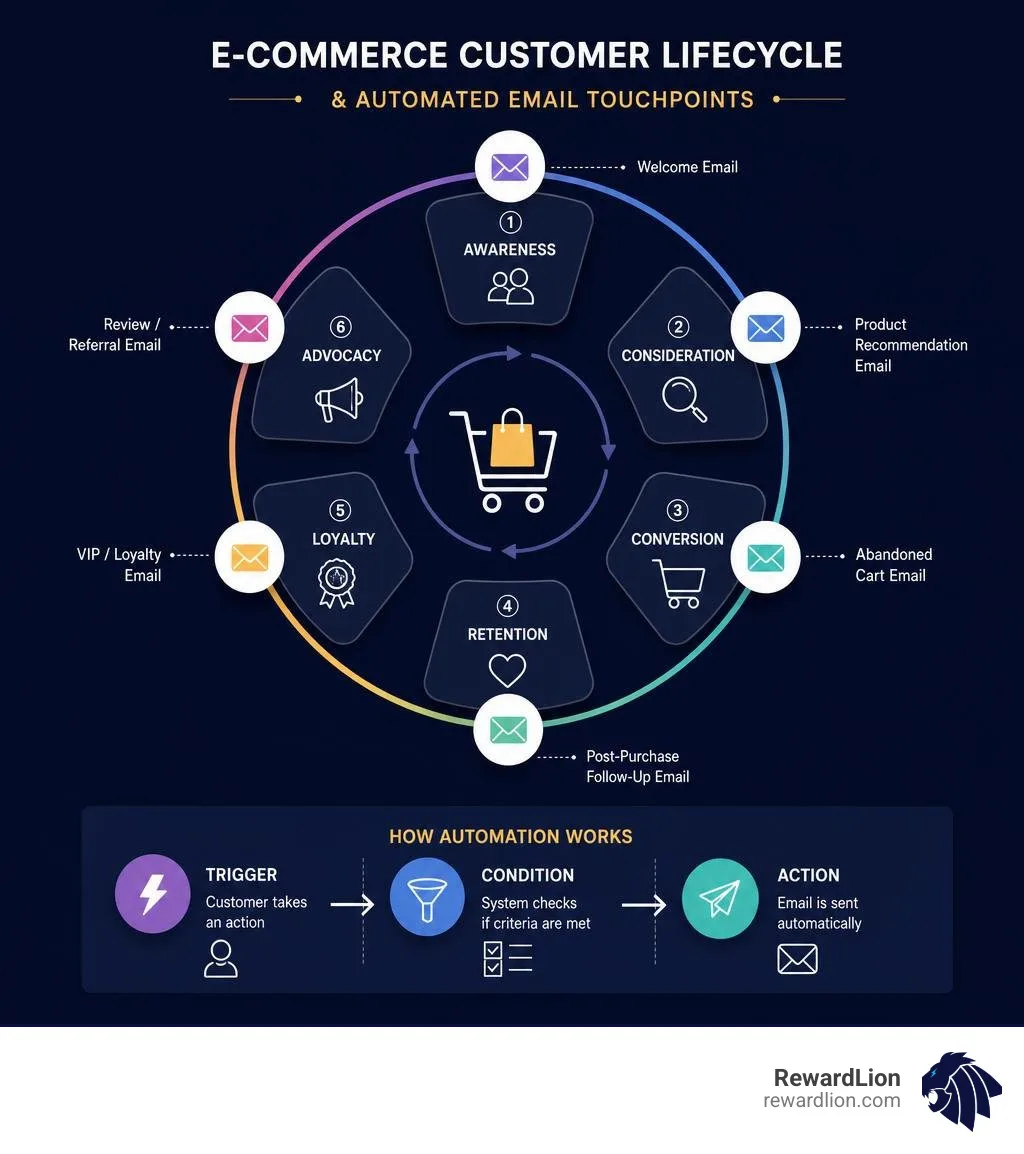 Infographic showing the e-commerce customer lifecycle stages and automated touchpoints infographic Infographic showing the e-commerce customer lifecycle stages and automated touchpoints infographic
