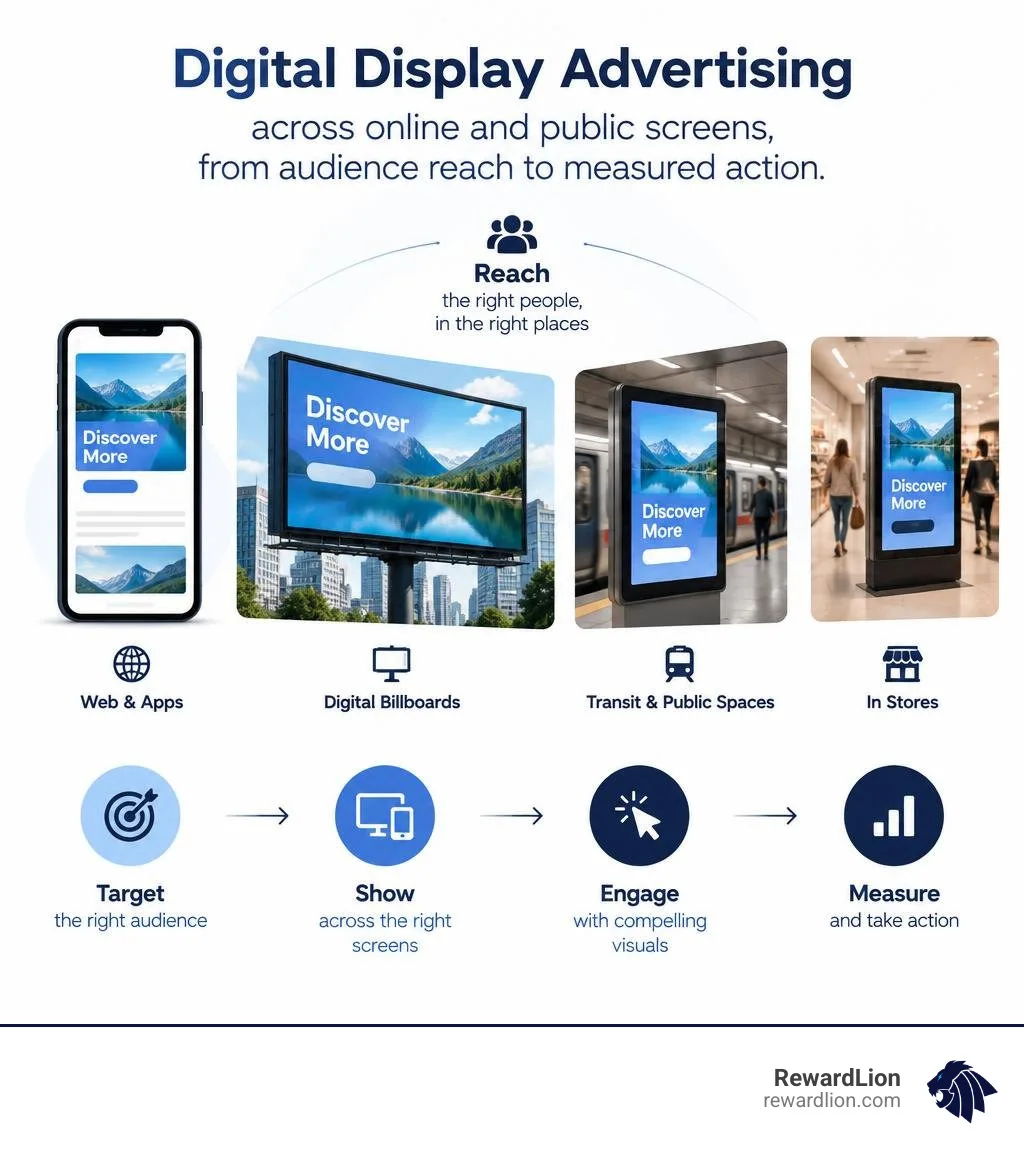 Digital display advertising across online and public screens, from audience reach to measured action infographic Digital display advertising across online and public screens, from audience reach to measured action infographic