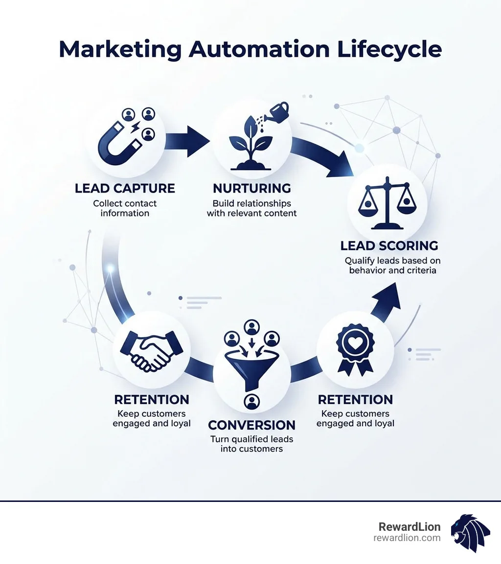 Marketing automation lifecycle infographic showing lead capture, nurturing, scoring, conversion, and retention stages