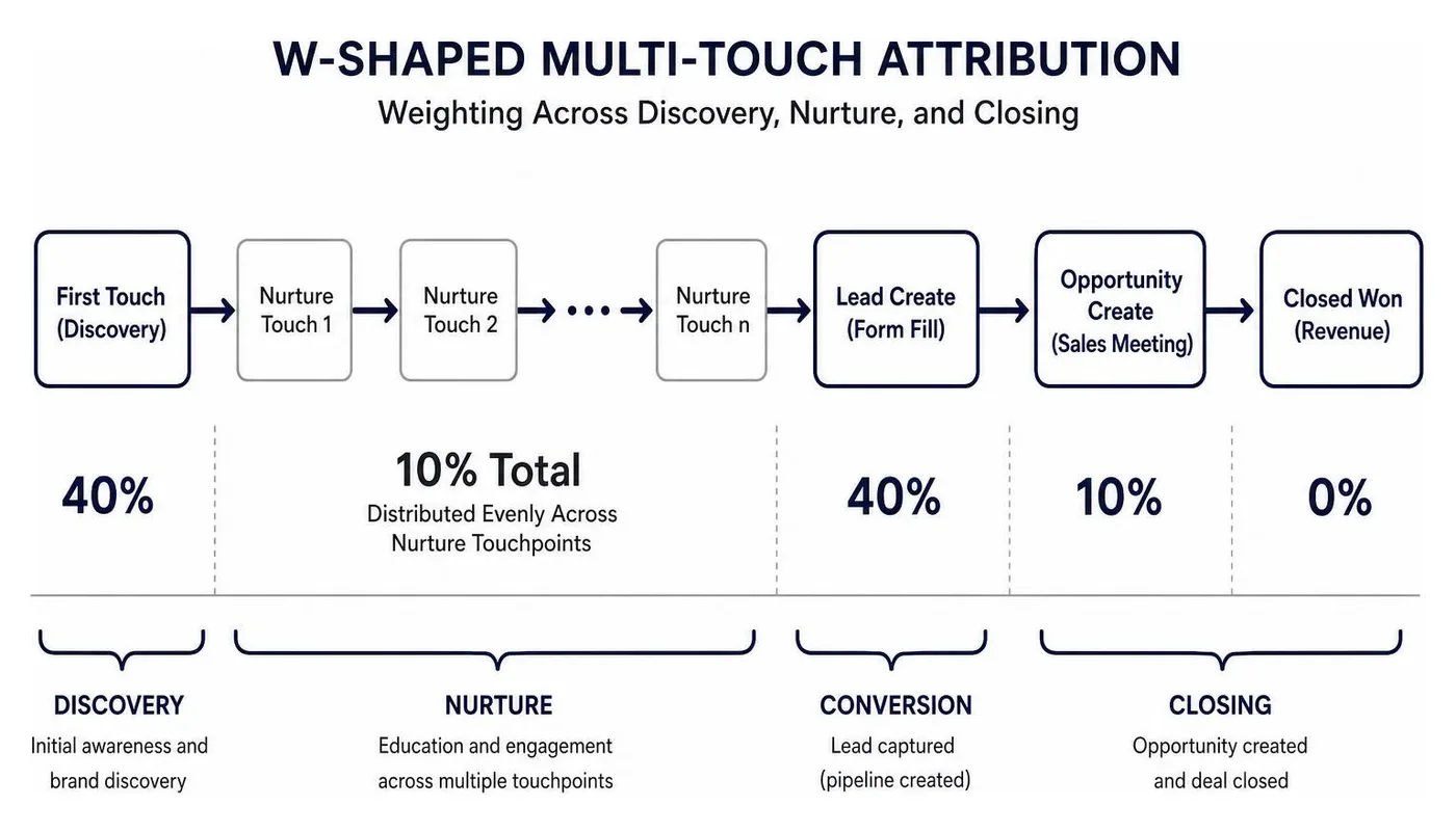 Diagram illustrating W-shaped multi-touch attribution weighting across discovery, nurture, and closing