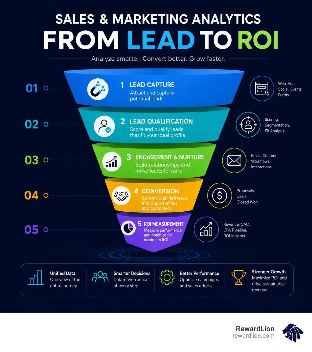 Sales and marketing analytics funnel showing stages from lead capture to ROI measurement infographic Sales and marketing analytics funnel showing stages from lead capture to ROI measurement infographic