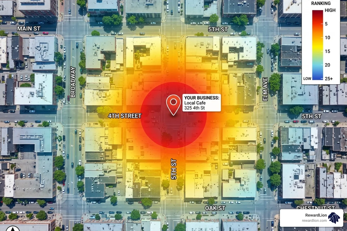 Heatmap showing local search rankings for a business across several city blocks - local marketing automation software