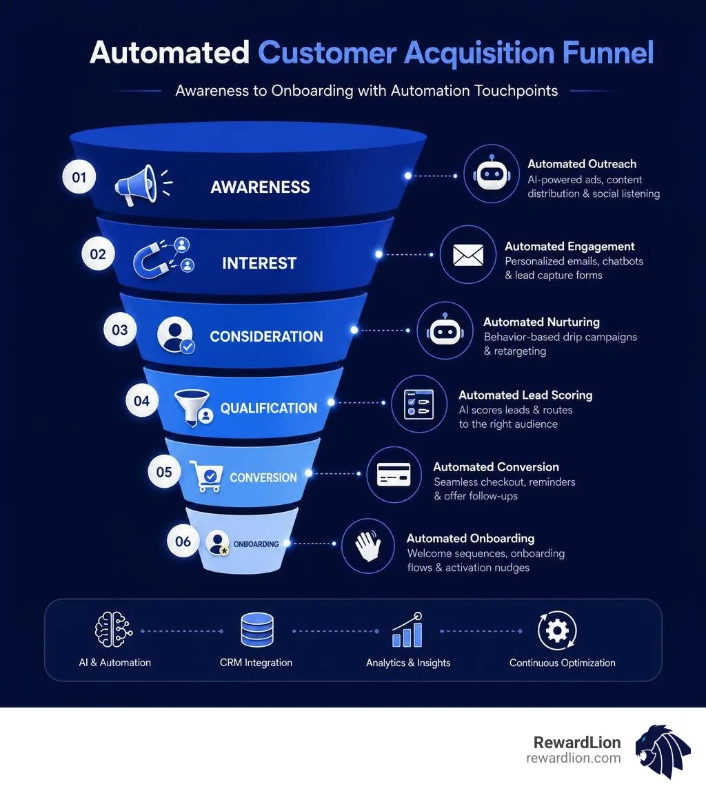 Automated customer acquisition funnel: Awareness to Onboarding with automation touchpoints at each stage infographic