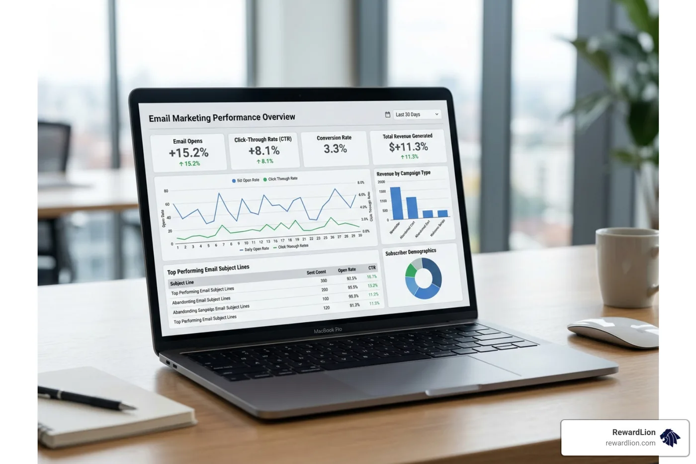 A comprehensive dashboard tracking live email marketing analytics including open rates, click-throughs, and revenue generated A comprehensive dashboard tracking live email marketing analytics including open rates, click-throughs, and revenue generated