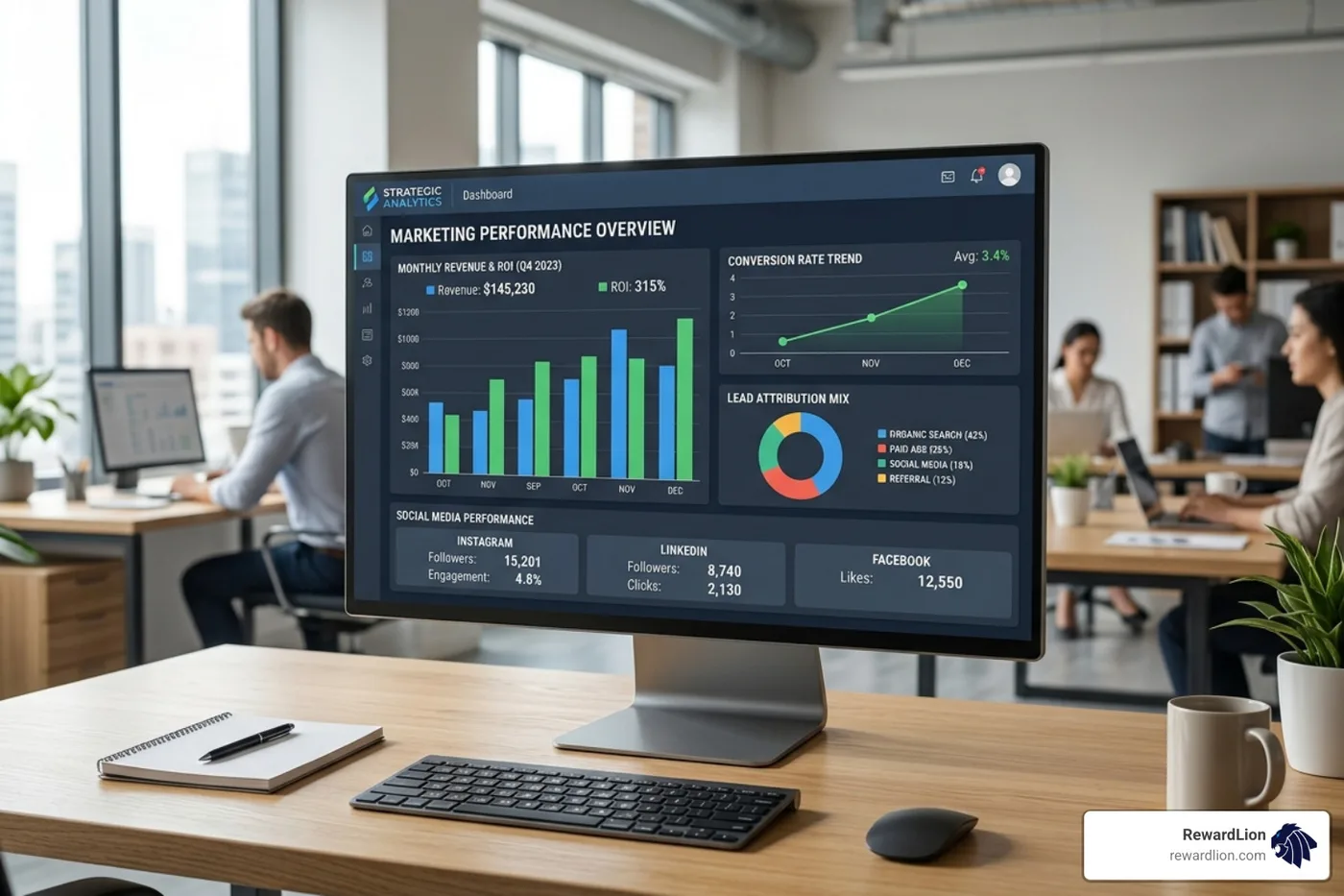 Digital marketing analytics dashboard showing conversion rates and lead attribution - social media marketing agency fort