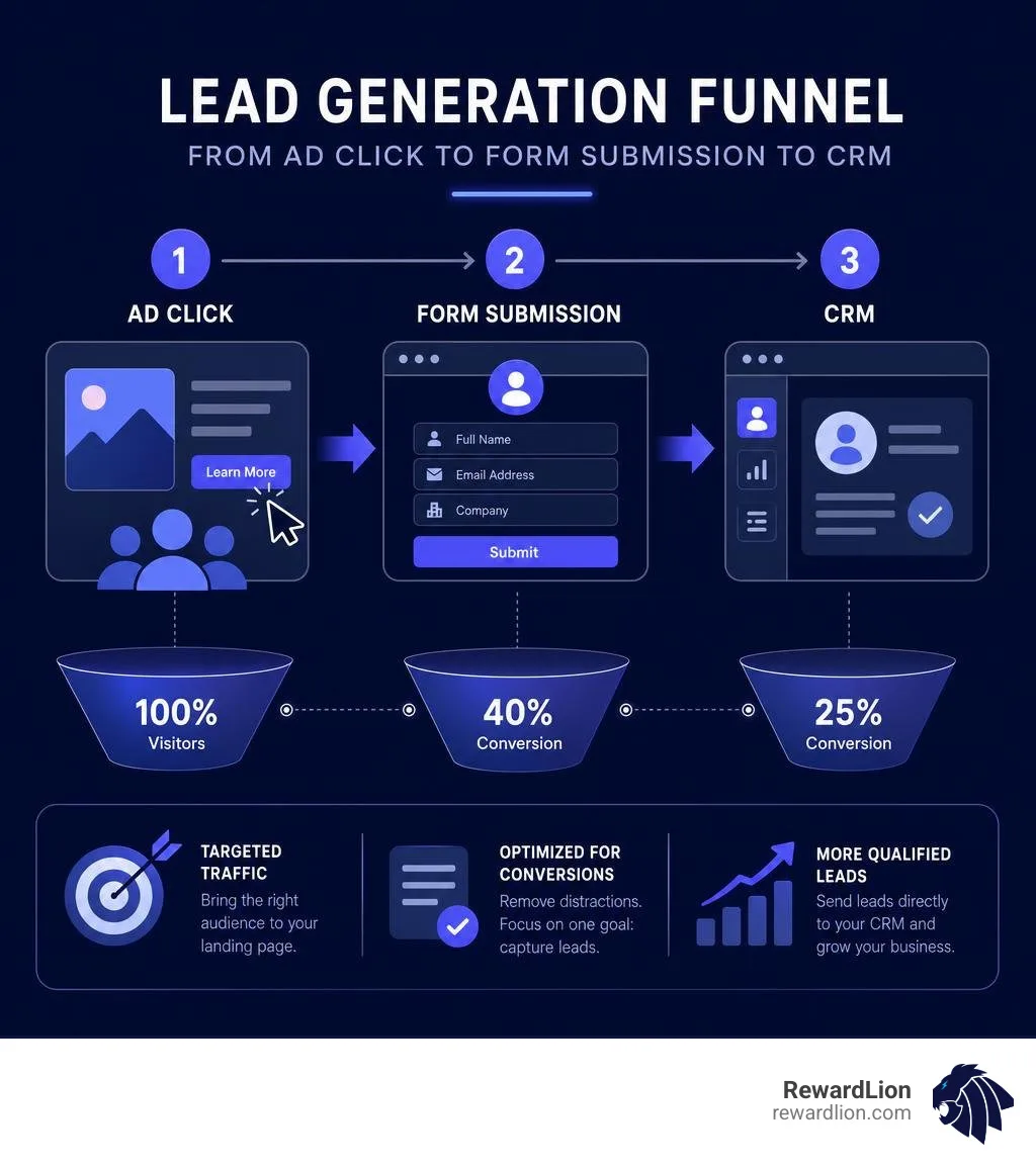 Lead generation funnel from ad click to form submission to CRM with conversion rate stages infographic