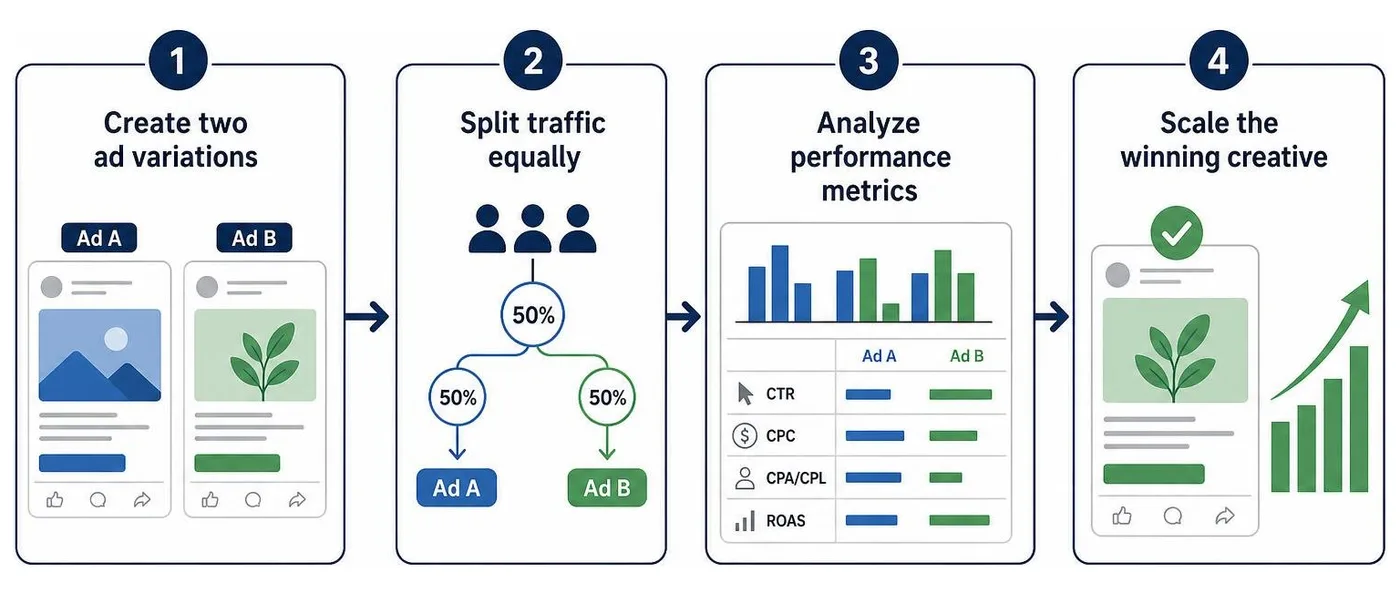 A step-by-step process diagram of A/B testing: 1. Create two ad variations (Ad A and Ad B), 2. Split traffic equally, 3. A step-by-step process diagram of A/B testing: 1. Create two ad variations (Ad A and Ad B), 2. Split traffic equally, 3.