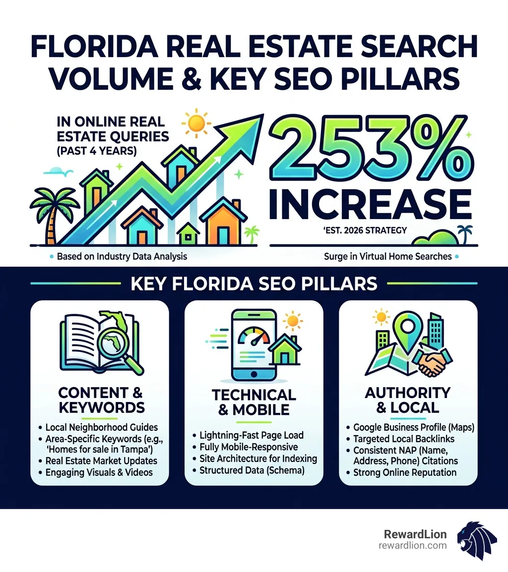 Infographic showing 253% increase in real estate search volume and key Florida SEO pillars - SEO for real estate Florida
