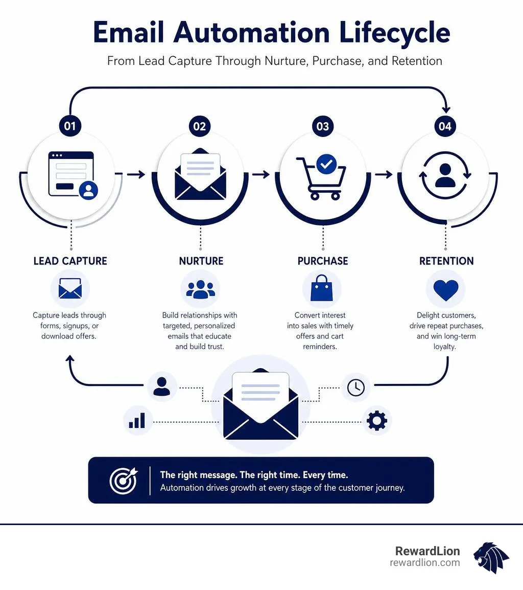 Email automation lifecycle from lead capture through nurture, purchase, and retention infographic