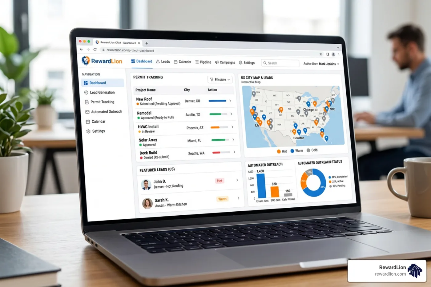 AI-powered lead dashboard showing permit tracking and automated outreach status AI-powered lead dashboard showing permit tracking and automated outreach status