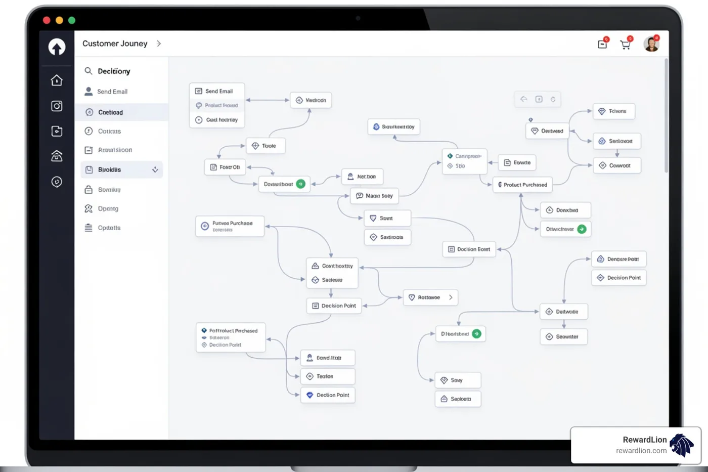 A visual drag-and-drop journey builder showing a complex customer path