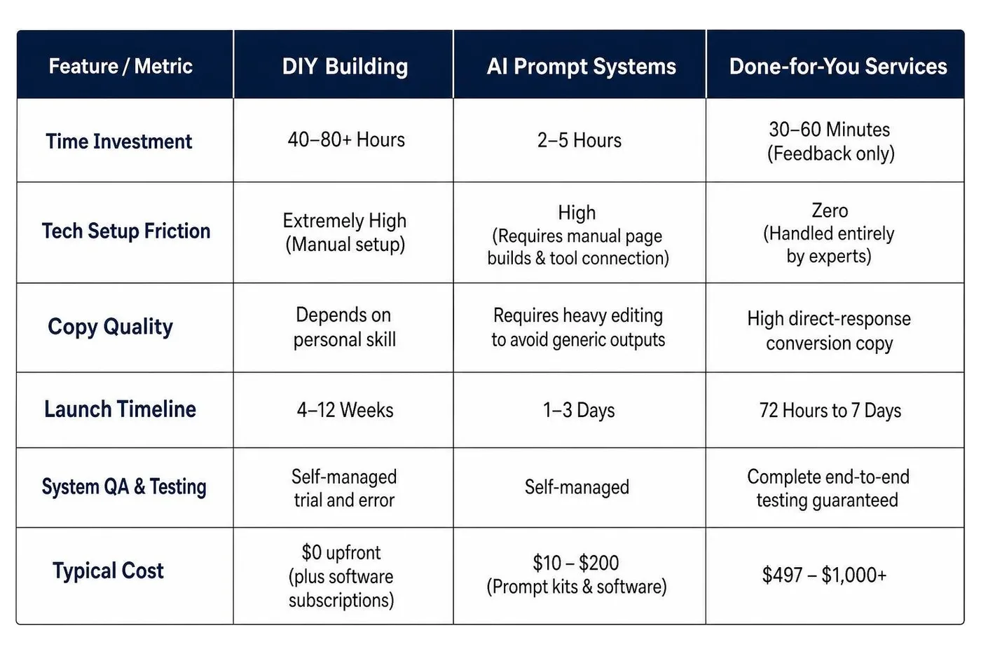 Comparison matrix of DIY, AI tools, and Done for You funnel models Comparison matrix of DIY, AI tools, and Done for You funnel models