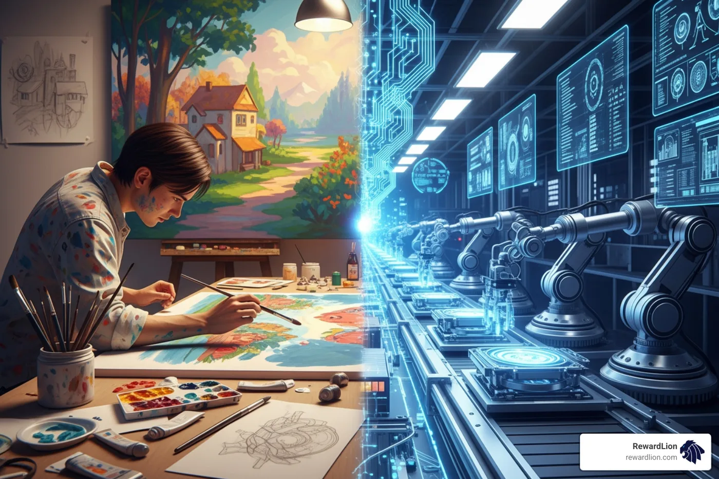 A graphic illustrating the synergy between human creativity and AI automation in content production