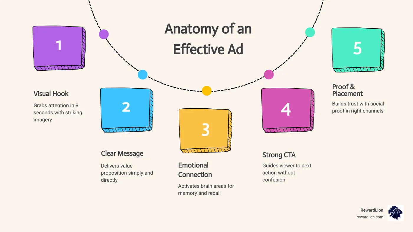 Infographic showing the anatomy of an effective ad: hook, message, emotion, CTA, placement, and proof - what makes an ad