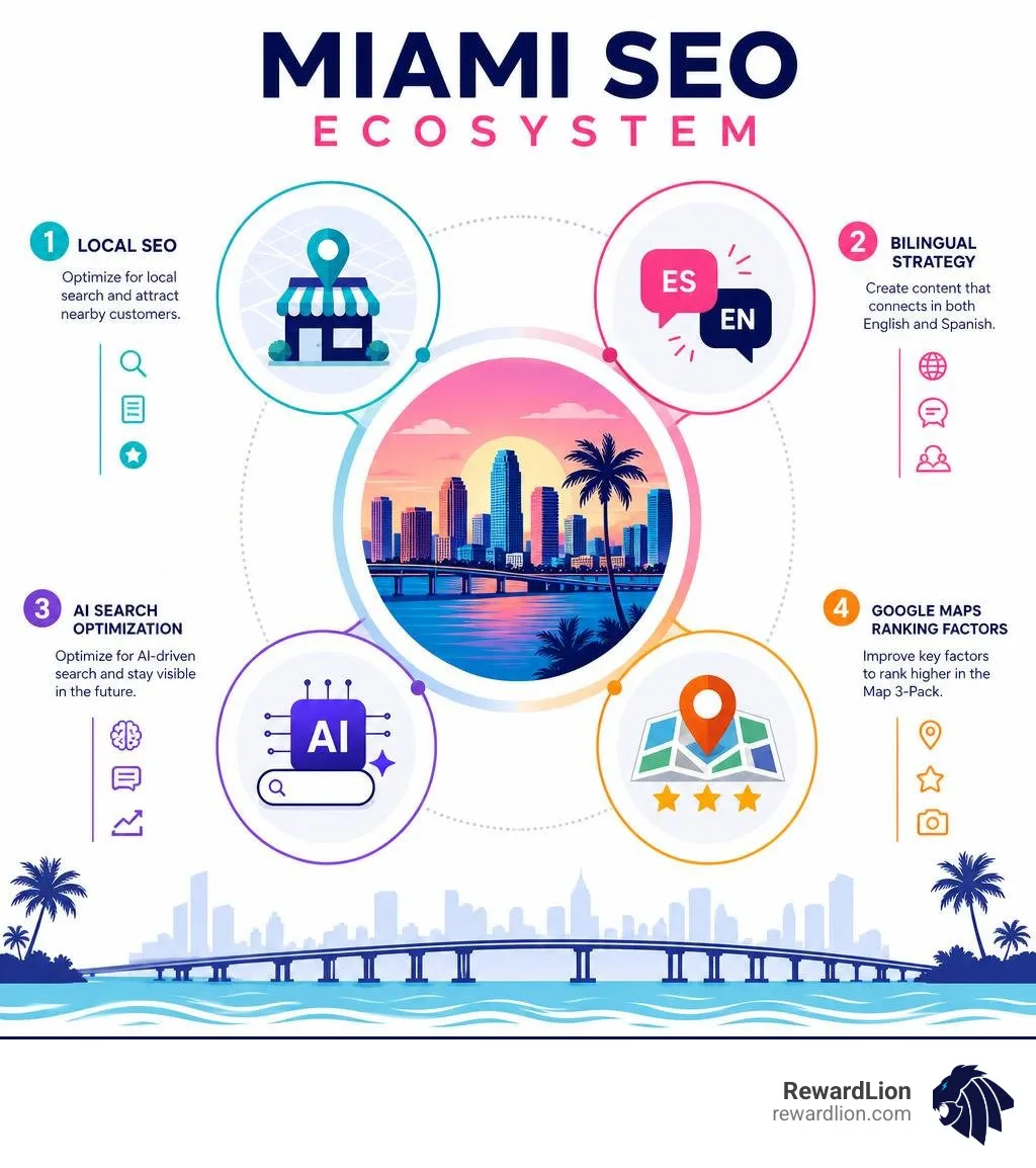 Miami SEO ecosystem infographic showing local SEO, bilingual strategy, AI search, and Google Maps ranking factors infographic