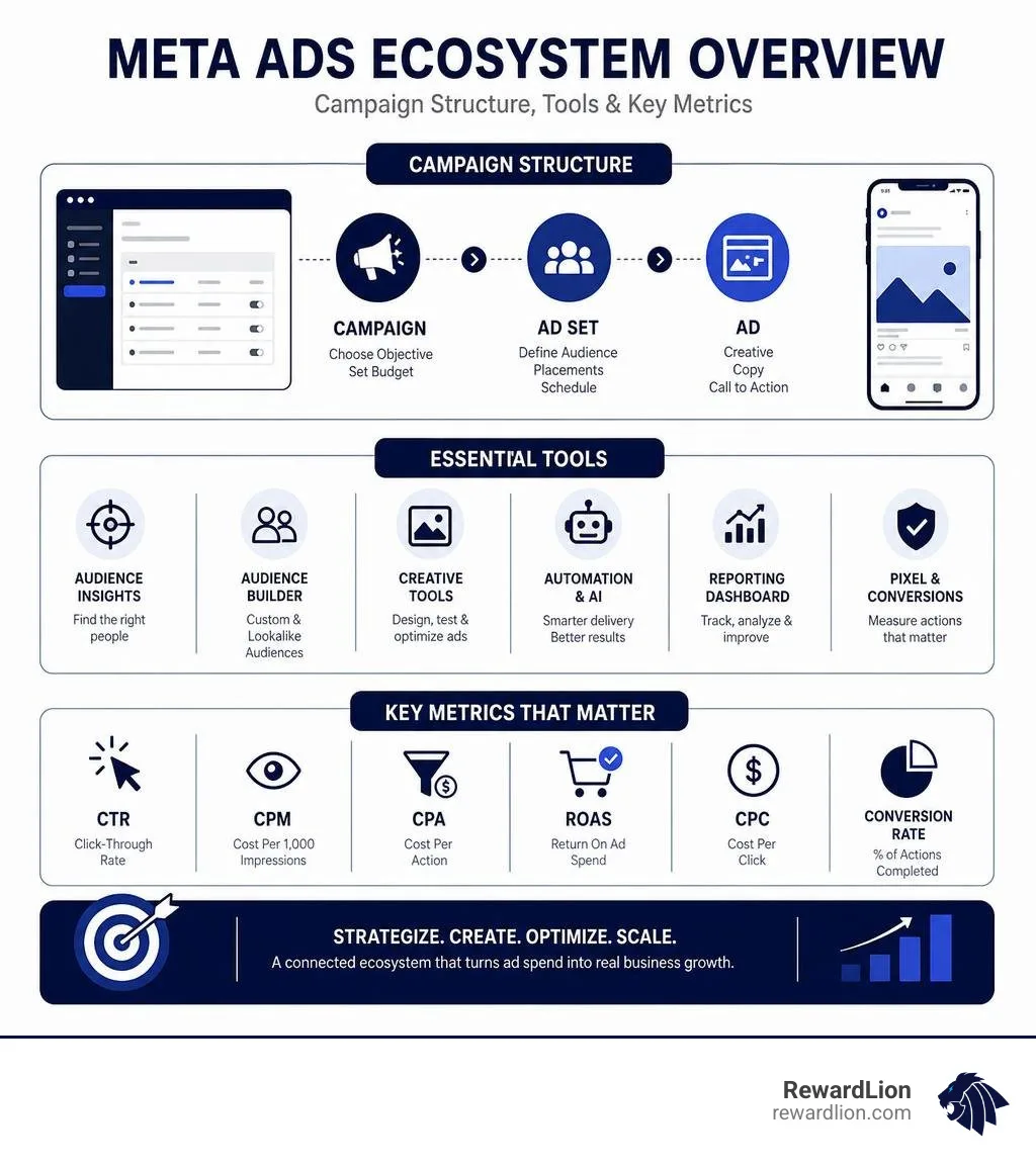 Meta Ads ecosystem overview infographic showing campaign structure, tools, and key metrics infographic
