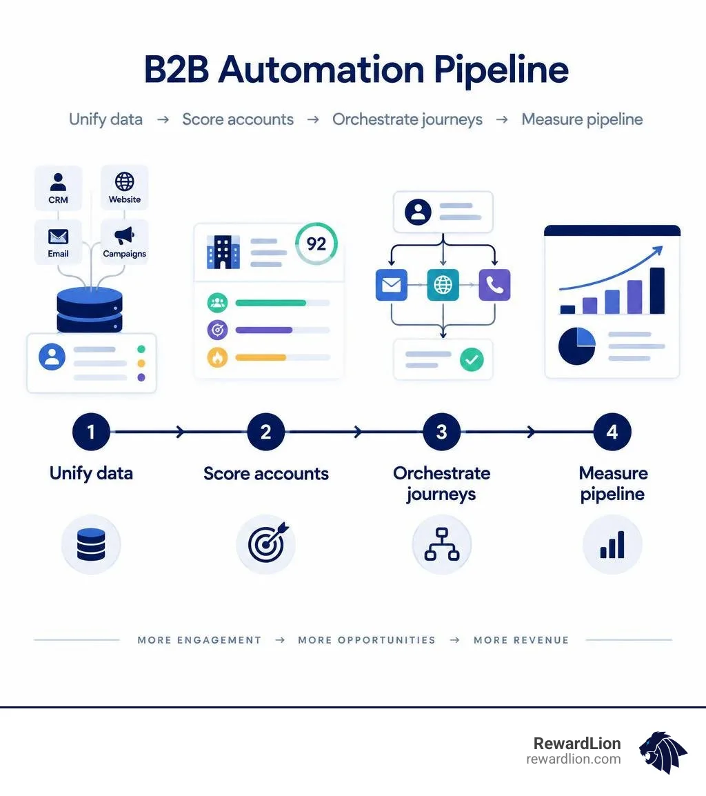 B2B automation pipeline: unify data, score accounts, orchestrate journeys, measure pipeline infographic B2B automation pipeline: unify data, score accounts, orchestrate journeys, measure pipeline infographic
