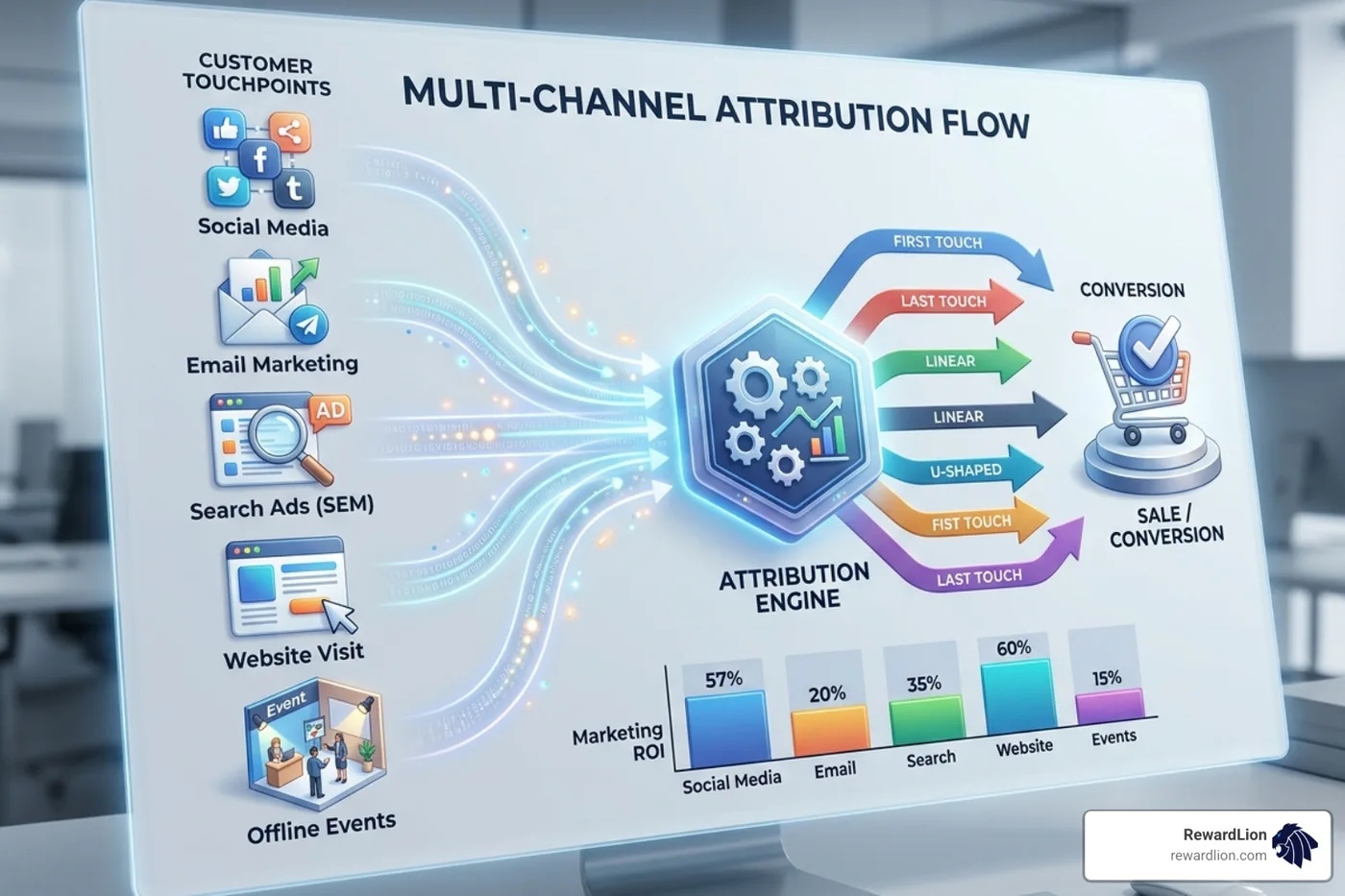 Multi-channel attribution flow showing customer touchpoints leading to conversion - analytics platform for marketing