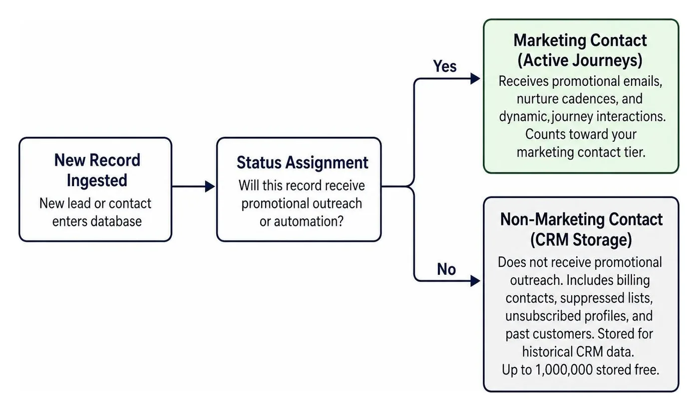 Decision path classifying new database records into active marketing or stored non-marketing status Decision path classifying new database records into active marketing or stored non-marketing status