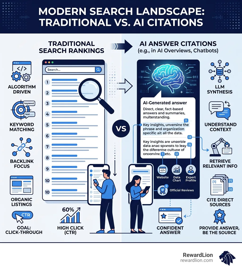 Infographic showing traditional search rankings compared with AI answer citations infographic