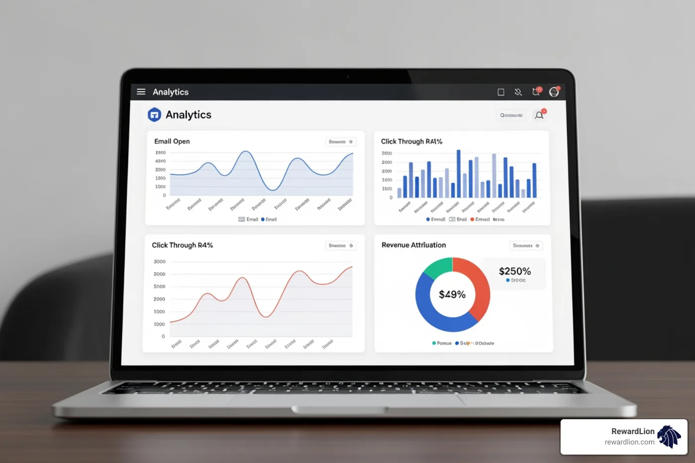 Analytics dashboard showcasing email open rates, click-through rates, and revenue attribution