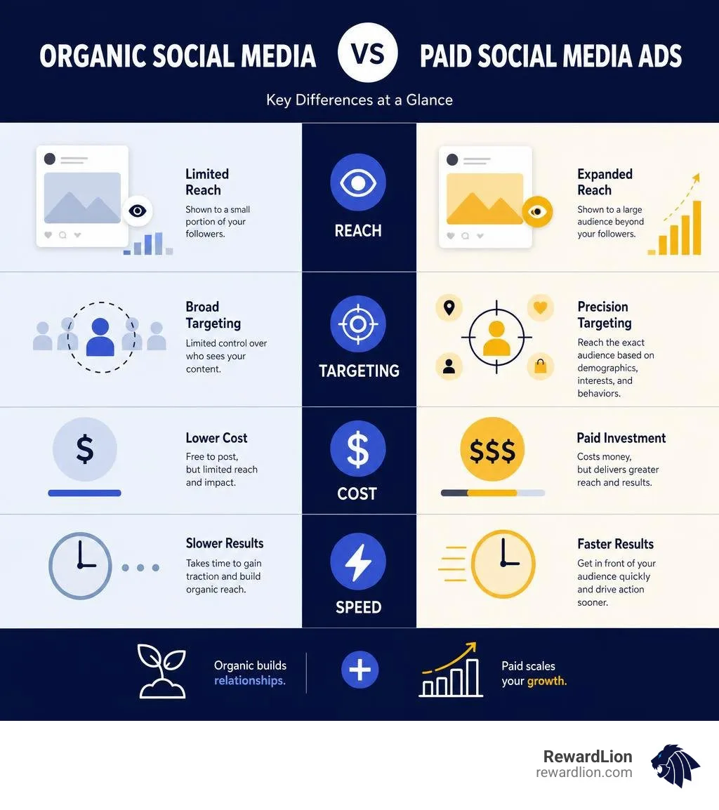 Infographic comparing organic social media reach vs paid social media ads: reach, targeting, cost, and speed infographic Infographic comparing organic social media reach vs paid social media ads: reach, targeting, cost, and speed infographic
