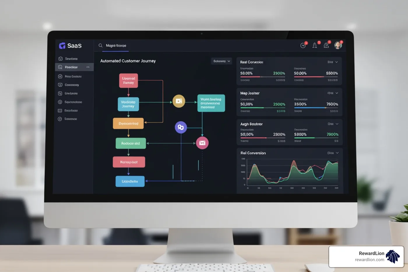 A dashboard showing automated customer journeys and real-time conversion metrics