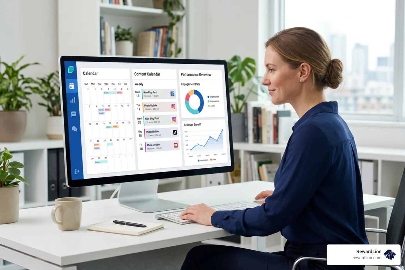 A unified social media dashboard displaying schedules and performance analytics