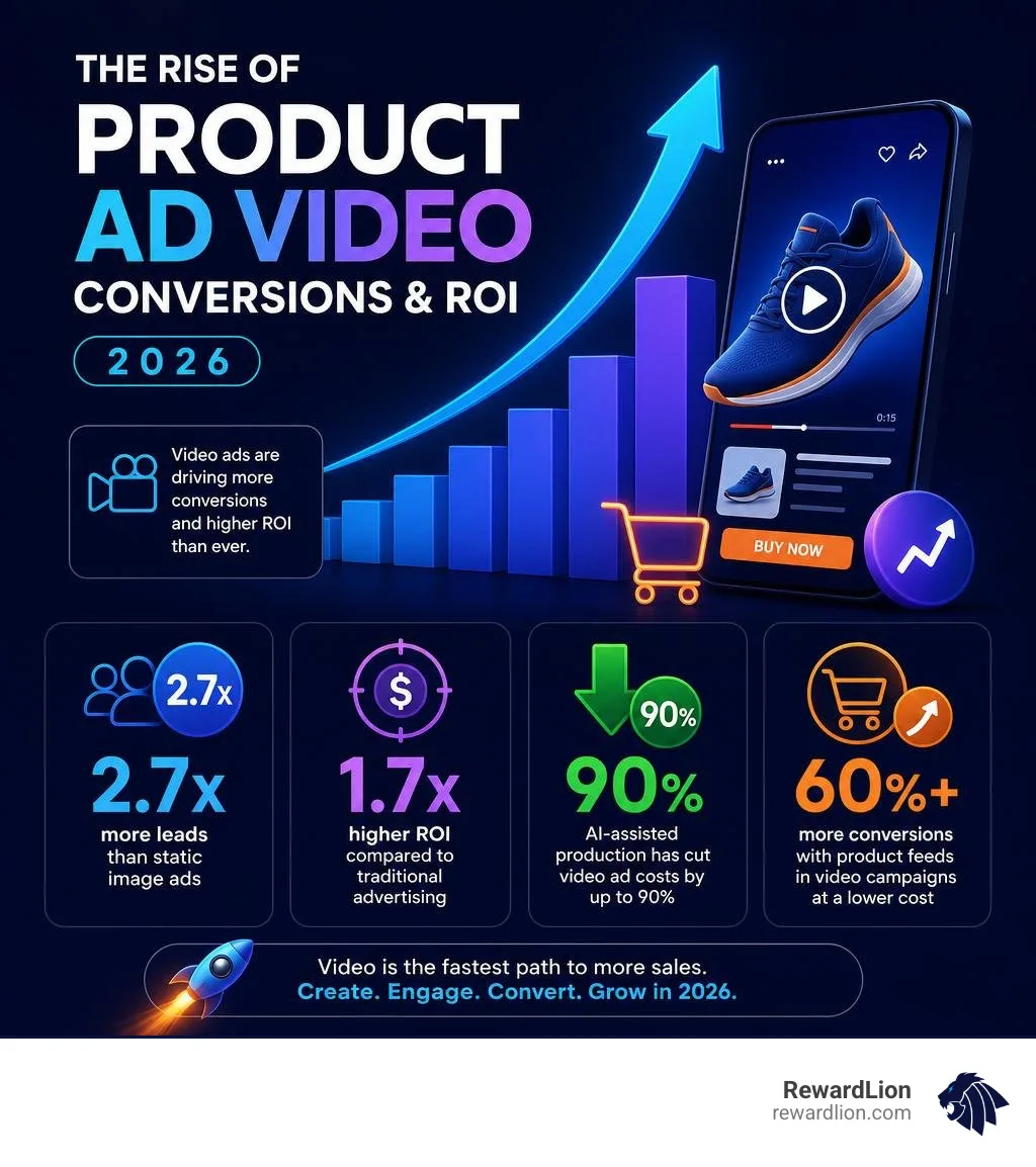 Infographic showing the rise of product advertisement video conversions and ROI stats in 2026 infographic