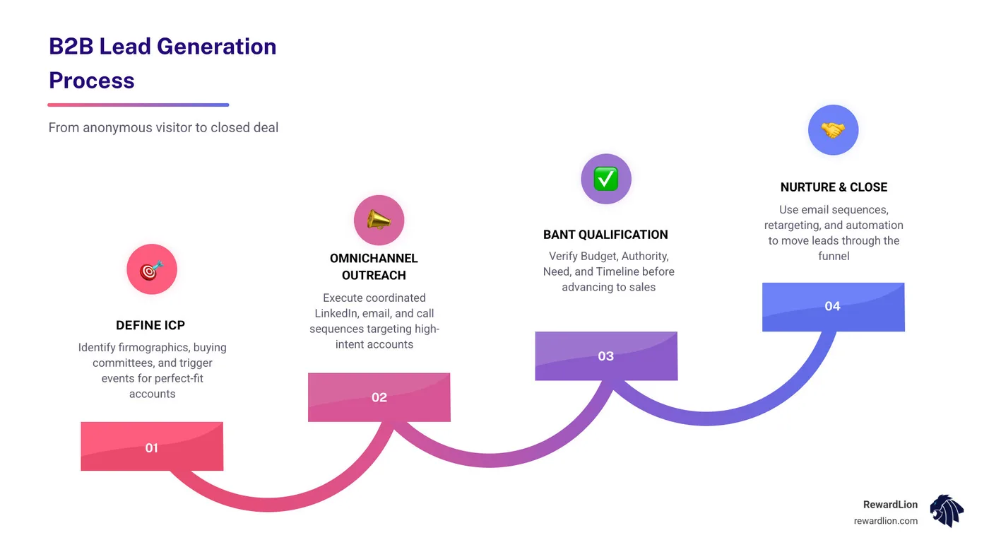 B2B lead generation process infographic: ICP definition, omnichannel outreach, BANT qualification, nurture, close infographic