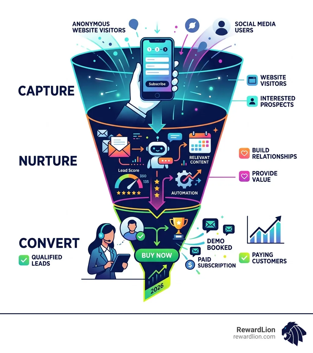 Lead generation app funnel showing capture, nurture, and conversion stages - lead generation app infographic 
