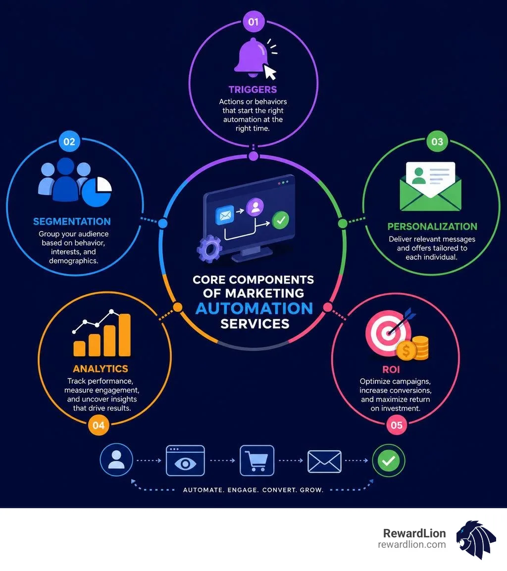 Core components of marketing automation services infographic: triggers, segmentation, personalization, analytics, ROI