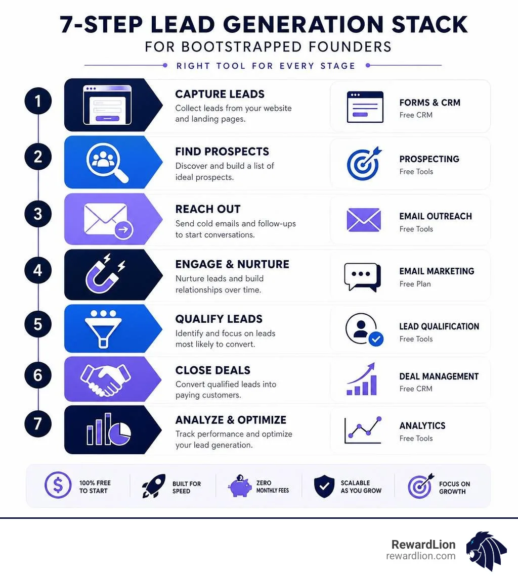 7-step lead generation stack for bootstrapped founders with tools for each stage infographic