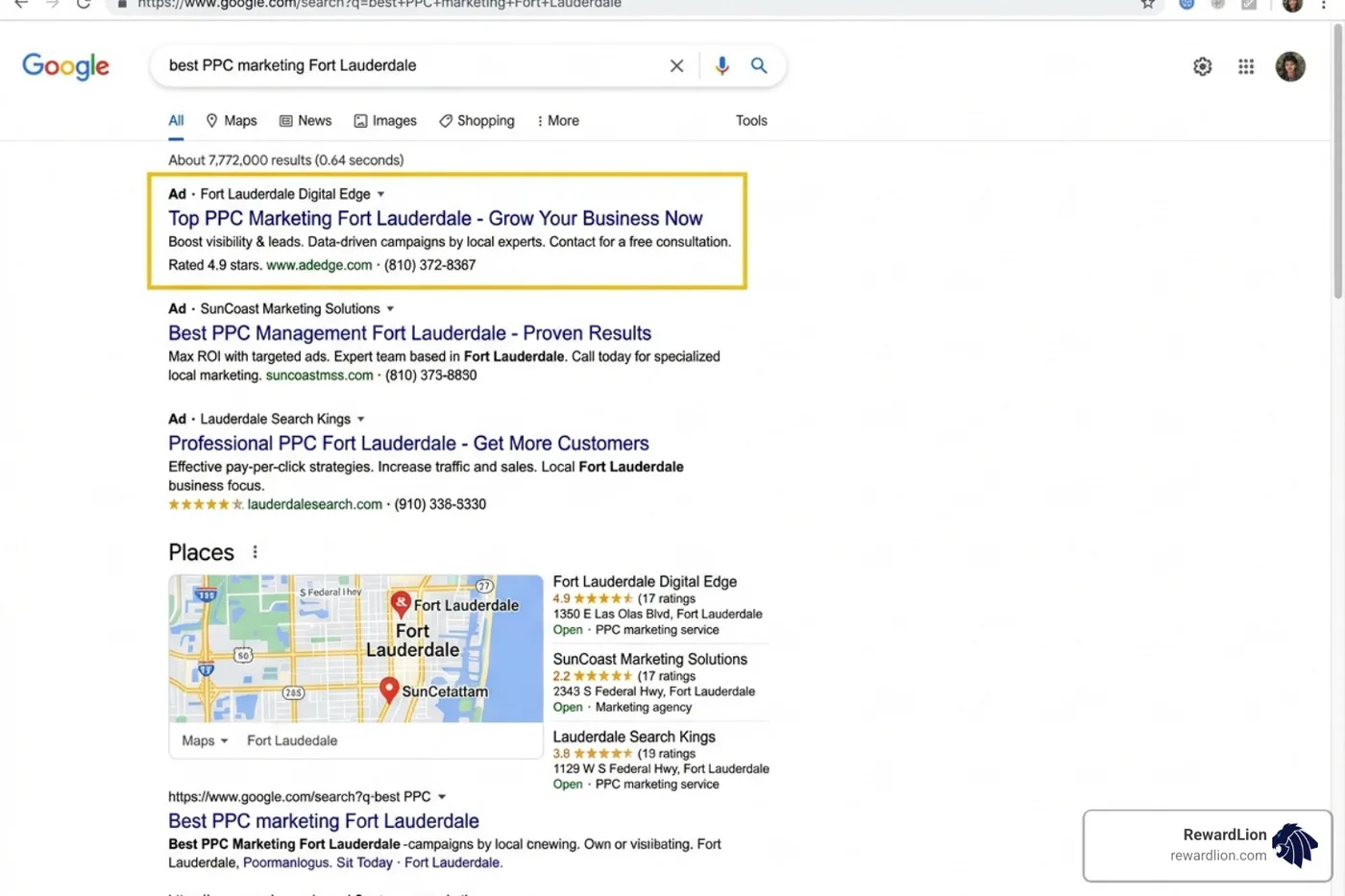 Google search results showing local Fort Lauderdale ads - ppc marketing fort lauderdale