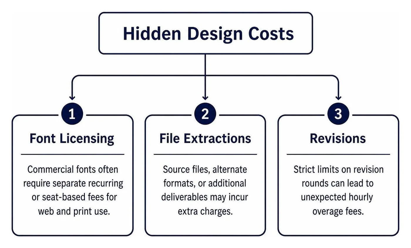 Flowchart showing hidden design costs including font licensing, file extractions, and revisions