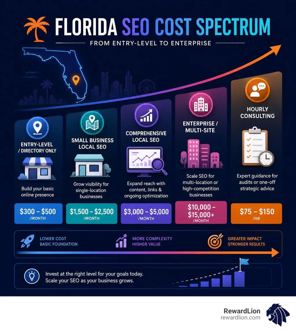 Florida SEO cost spectrum infographic from entry-level to enterprise pricing tiers infographic