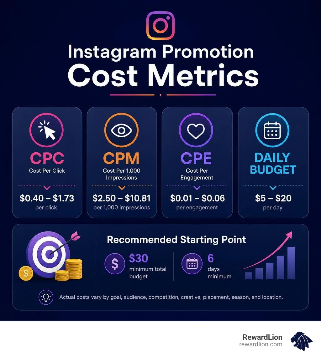 Instagram promotion cost metrics for CPC CPM CPE and daily budget infographic