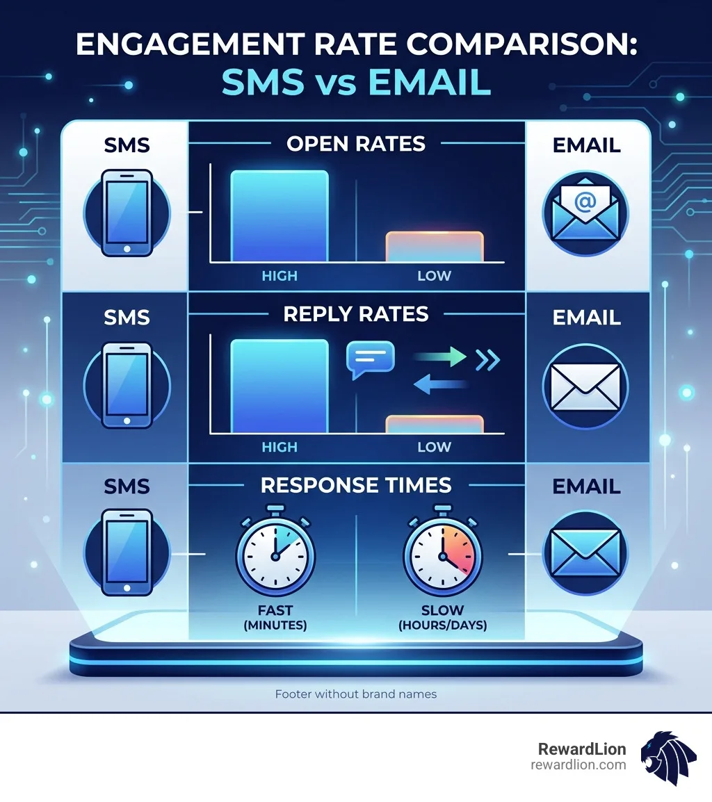 SMS vs email engagement rate comparison infographic showing open rates, reply rates, and response times - sms automation
