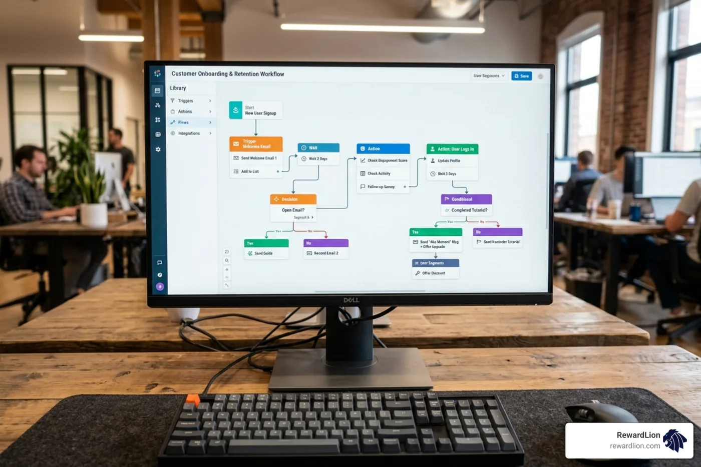 Visual drag-and-drop automation builder showing a complex customer journey workflow - online marketing automation software