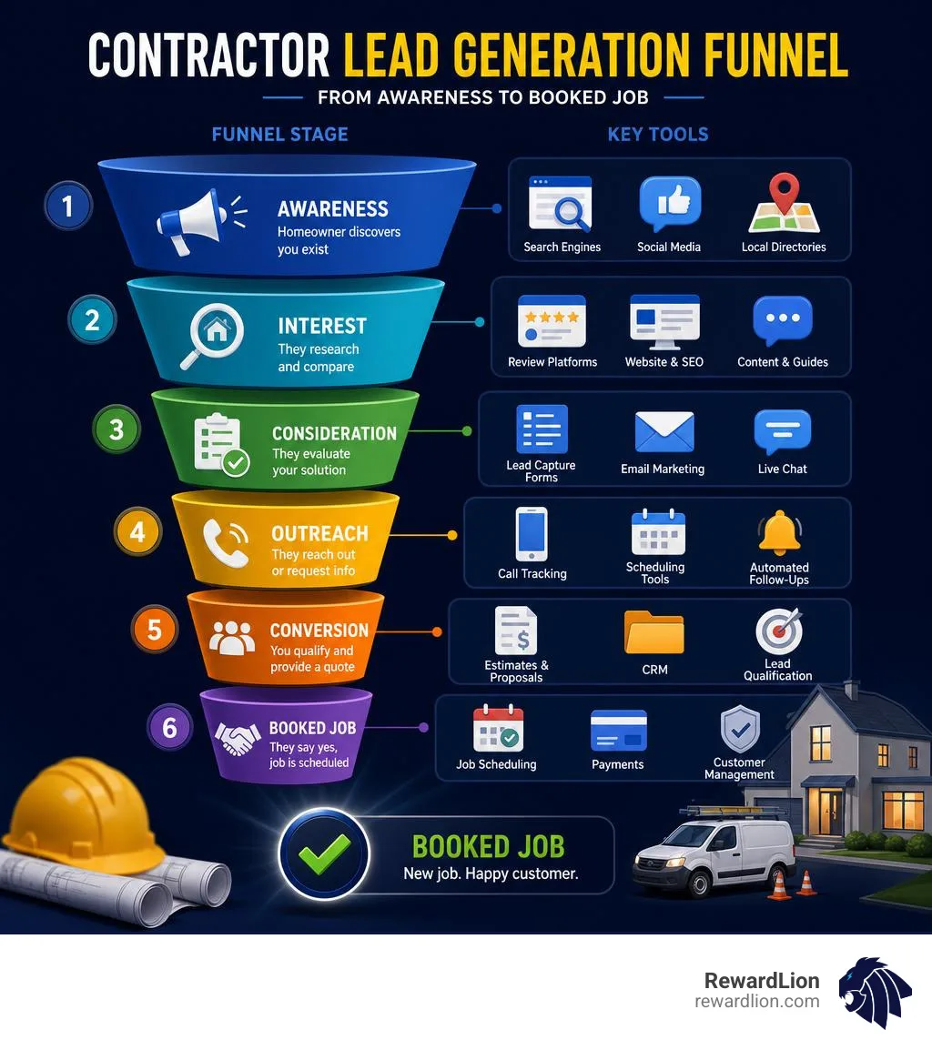 Contractor lead generation funnel from awareness to booked job with key tools at each stage infographic Contractor lead generation funnel from awareness to booked job with key tools at each stage infographic