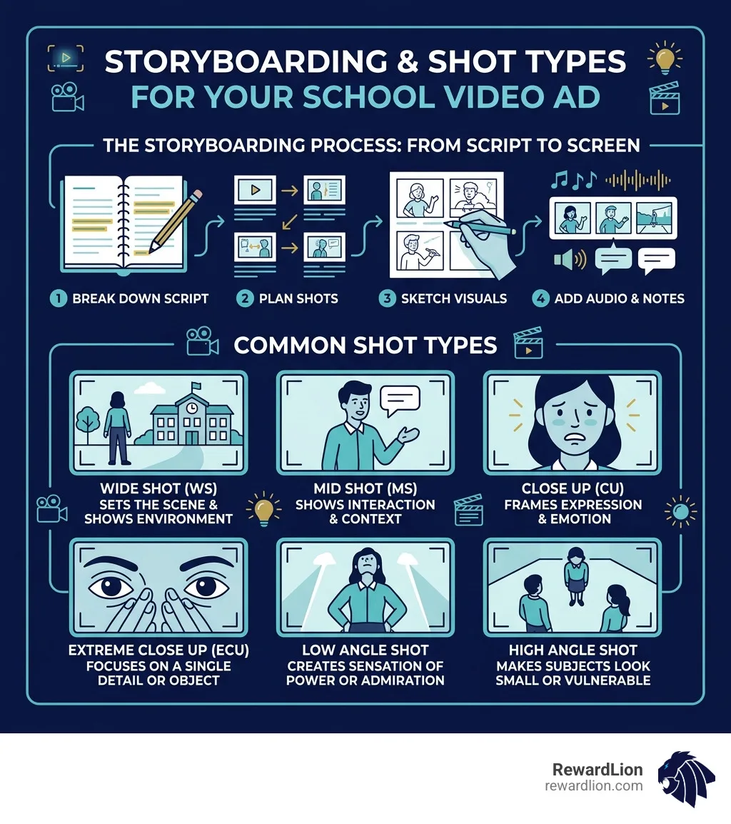 Infographic explaining the storyboarding process and shot types - how to make an advertisement video for a school project
