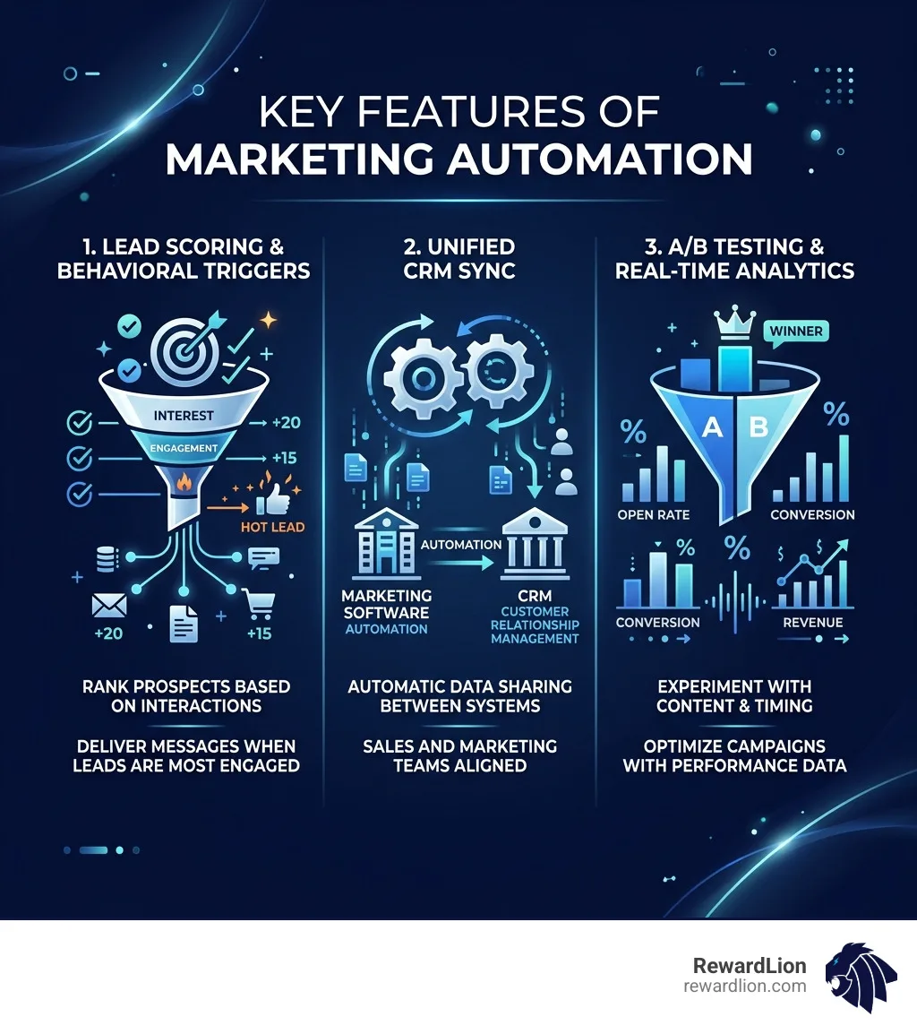 Infographic: Key features of marketing automation including lead scoring, CRM sync, and analytics - digital marketing